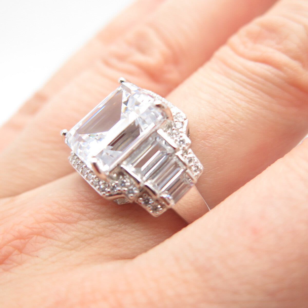 925 Sterling Silver Radiant-Cut C Z Wide Ring Size 5.75