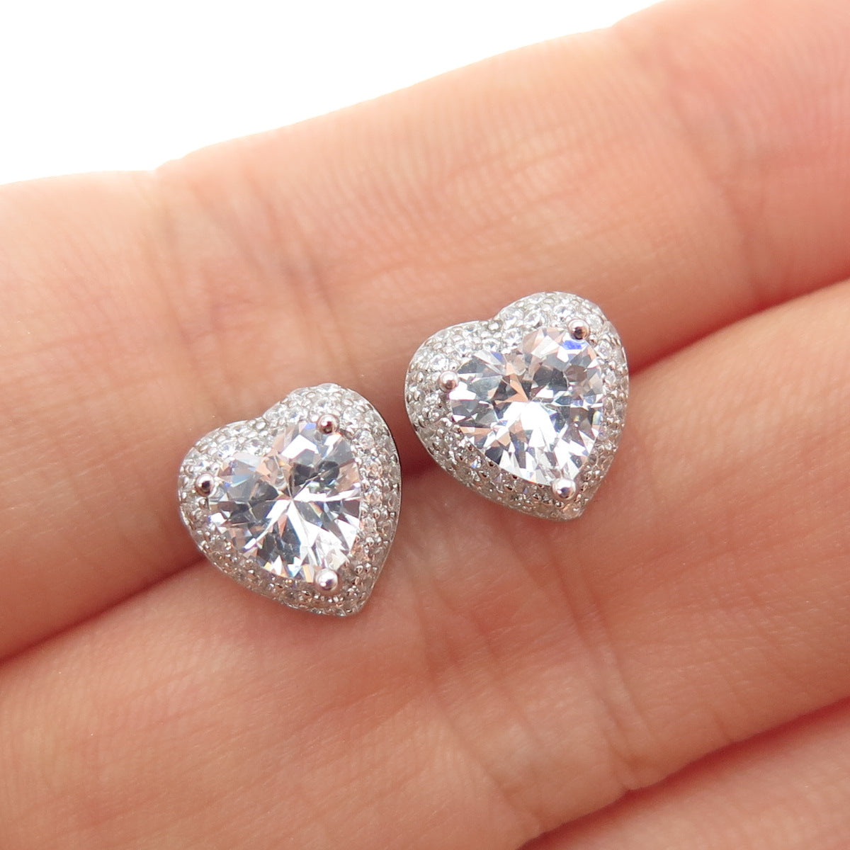 925 Sterling Silver Heart & Round-Cut C Z Stud Earrings