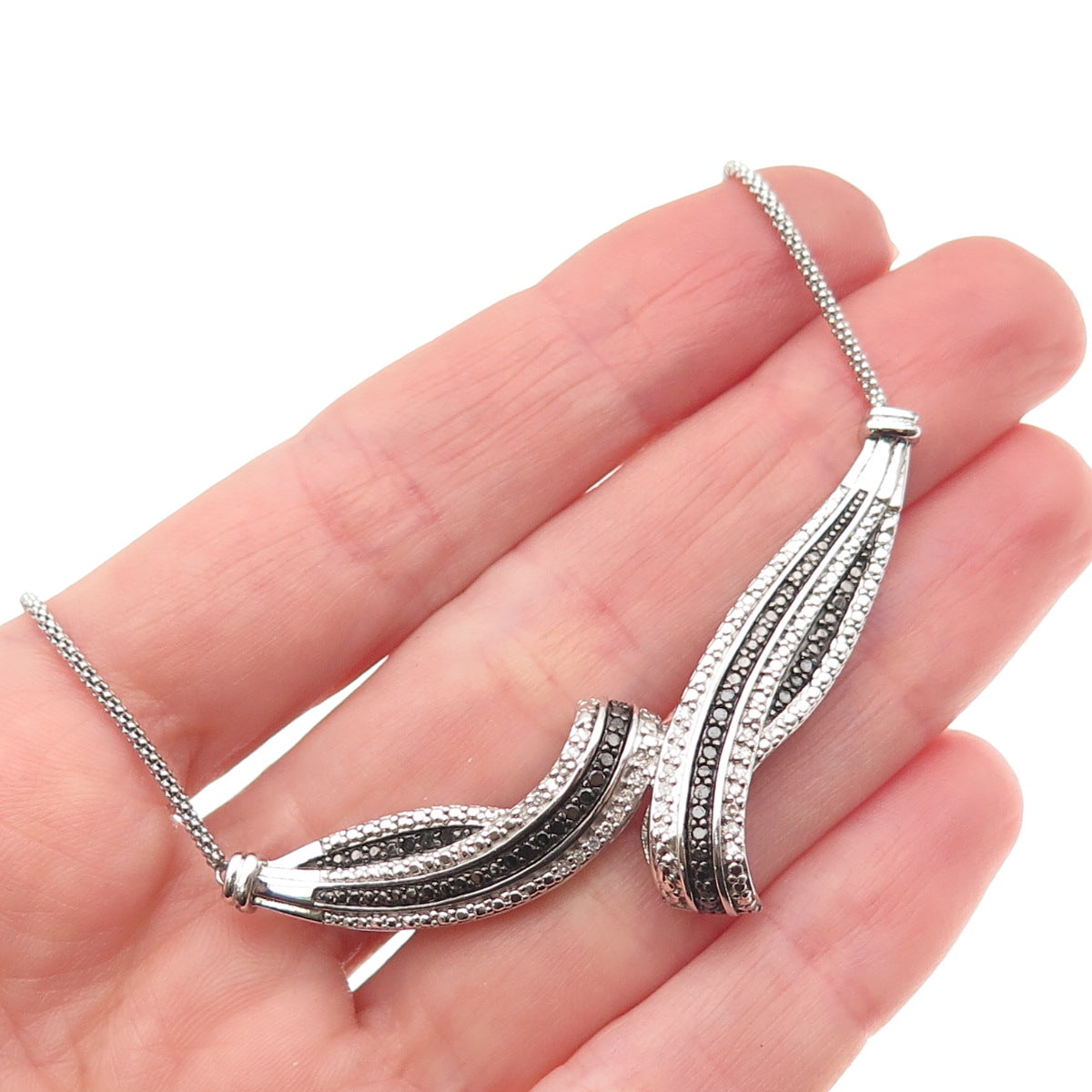 J. Stella Sterling Silver Real Black & White Diamond Popcorn Chain Necklace 18"