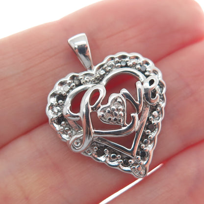 925 Sterling Silver Real White & Black Diamond "Love" Heart Pendant