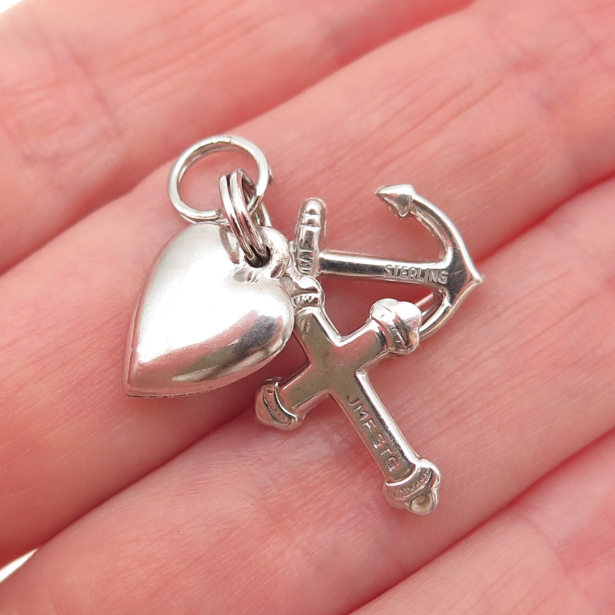 J.M. FISHER 925 Sterling Silver Vintage Heart Cross Anchor Mini Charm Pendant