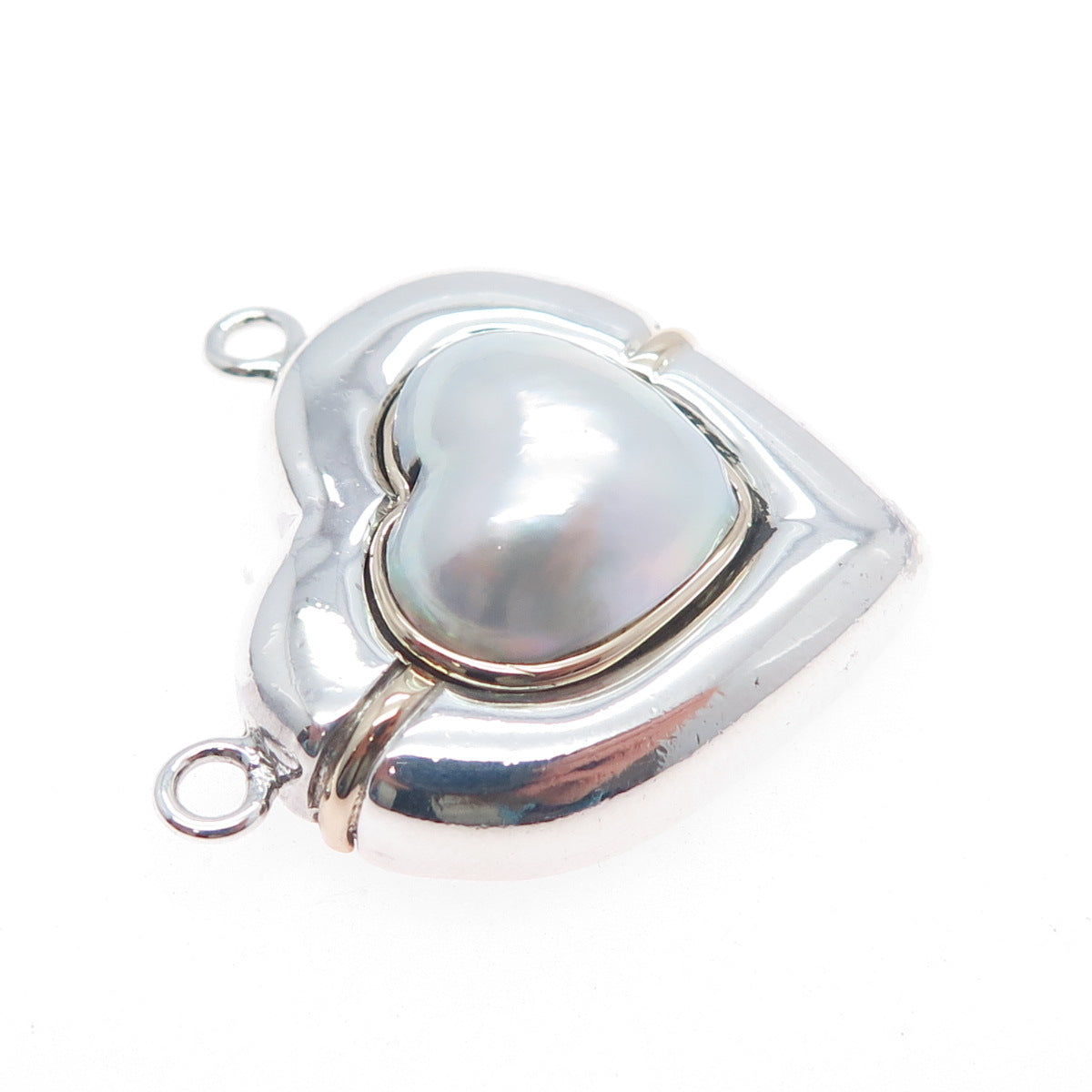 925 Sterling Silver 14K Gold Vintage Real Pearl Heart Centerpiece Slide Pendant