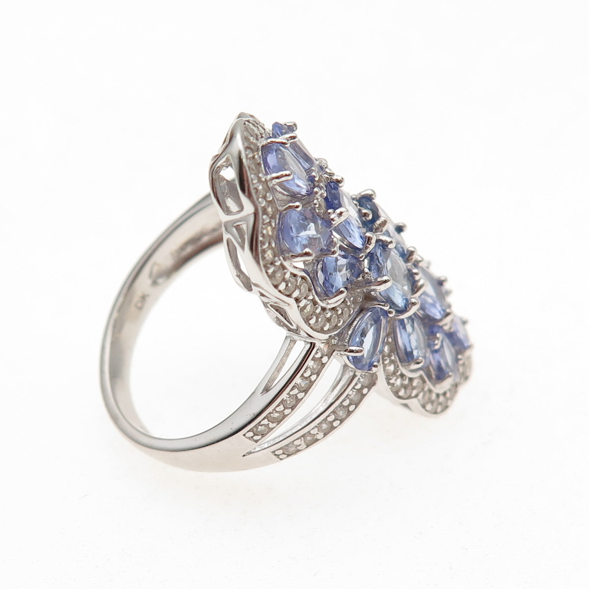 925 Sterling Silver Real Tanzanite & White Topaz Cluster Ring Size 8.25