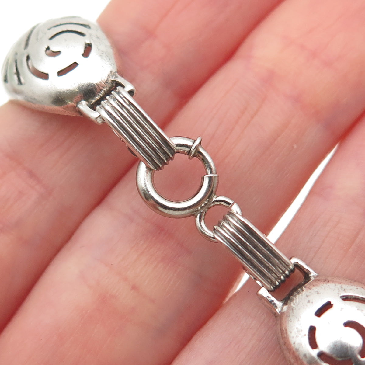 PETTELL'S 925 Sterling Silver Vintage Floral Dome Link Bracelet 7.25"