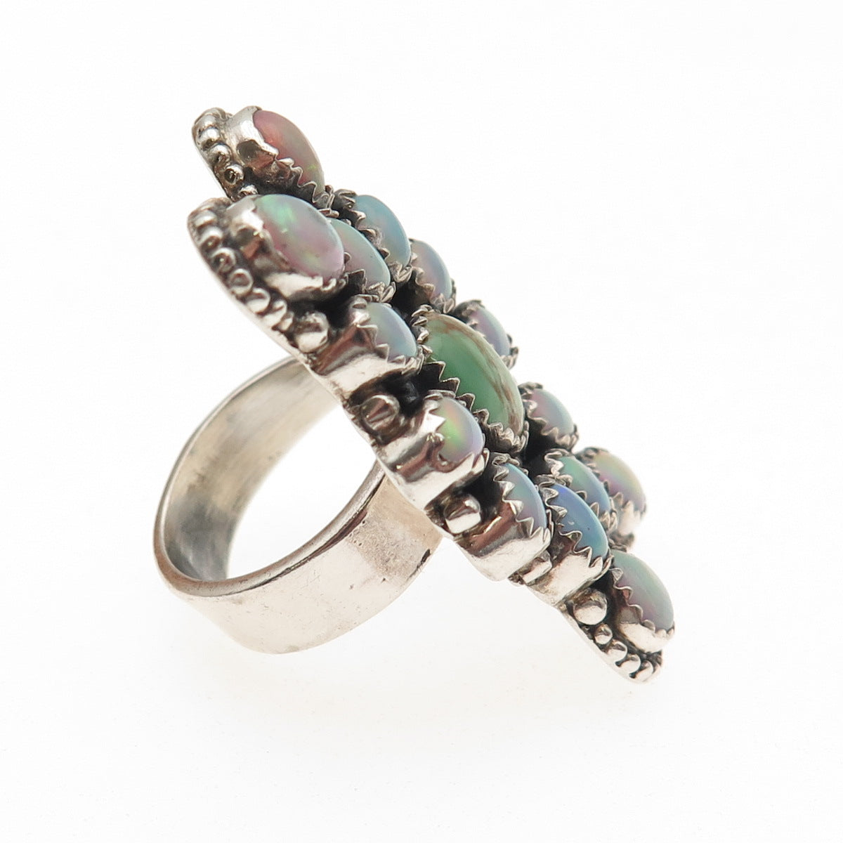 925 Sterling Silver Vintage Real Turquoise & Opal Adjustable Ring Size 7.5