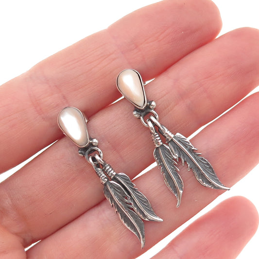 Old Pawn 925 Sterling Silver Vintage Southwestern MOP Feather Dangle Earrings