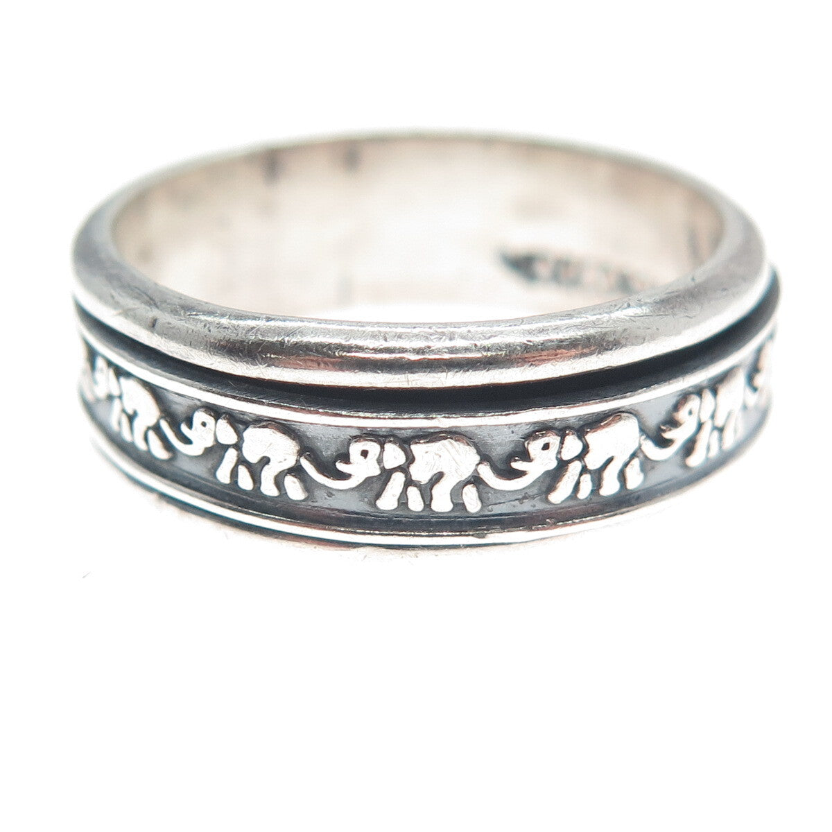 925 Sterling Vintage Mexico Elephant Oxidized Rotating Band Ring Size 10.5