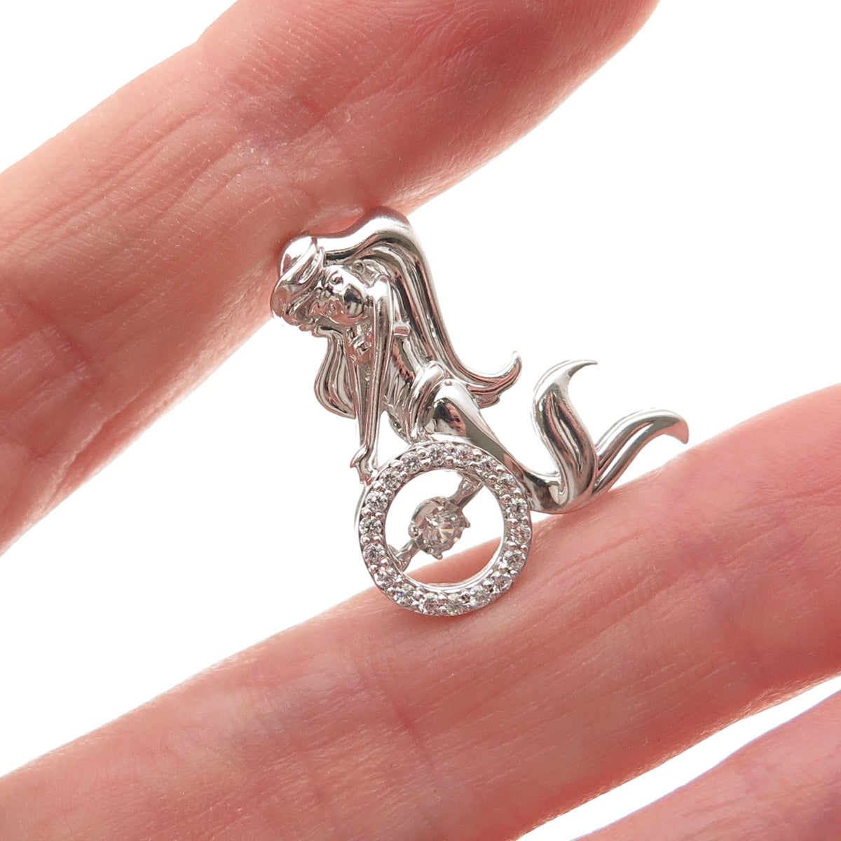 925 Sterling Silver Round-Cut C Z Mermaid Slide Charm Pendant