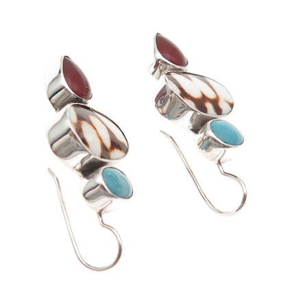 925 Sterling Silver Vintage Real Turquoise & Carnelian Dangle Earrings