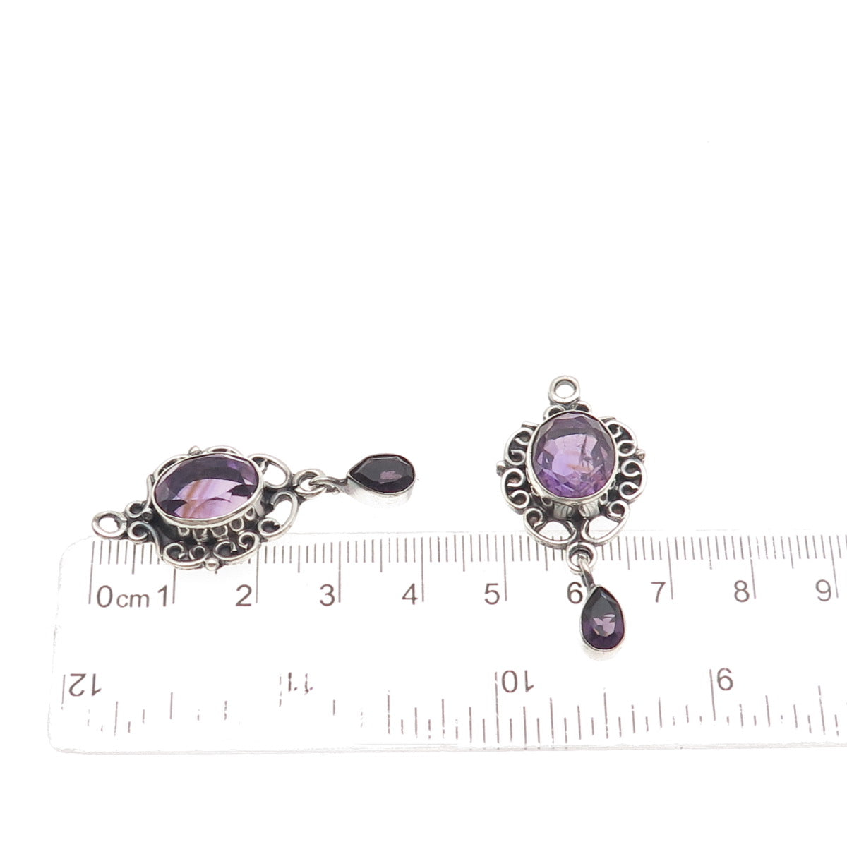 925 Sterling Silver Vintage Real Amethyst Swirl Oxidized Jacket Earrings