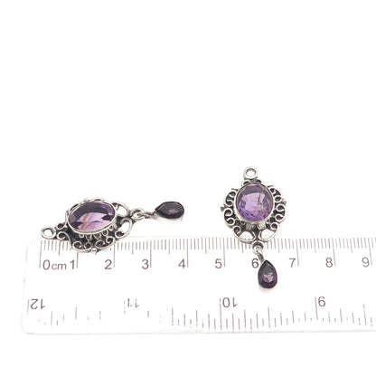 925 Sterling Silver Vintage Real Amethyst Swirl Oxidized Jacket Earrings
