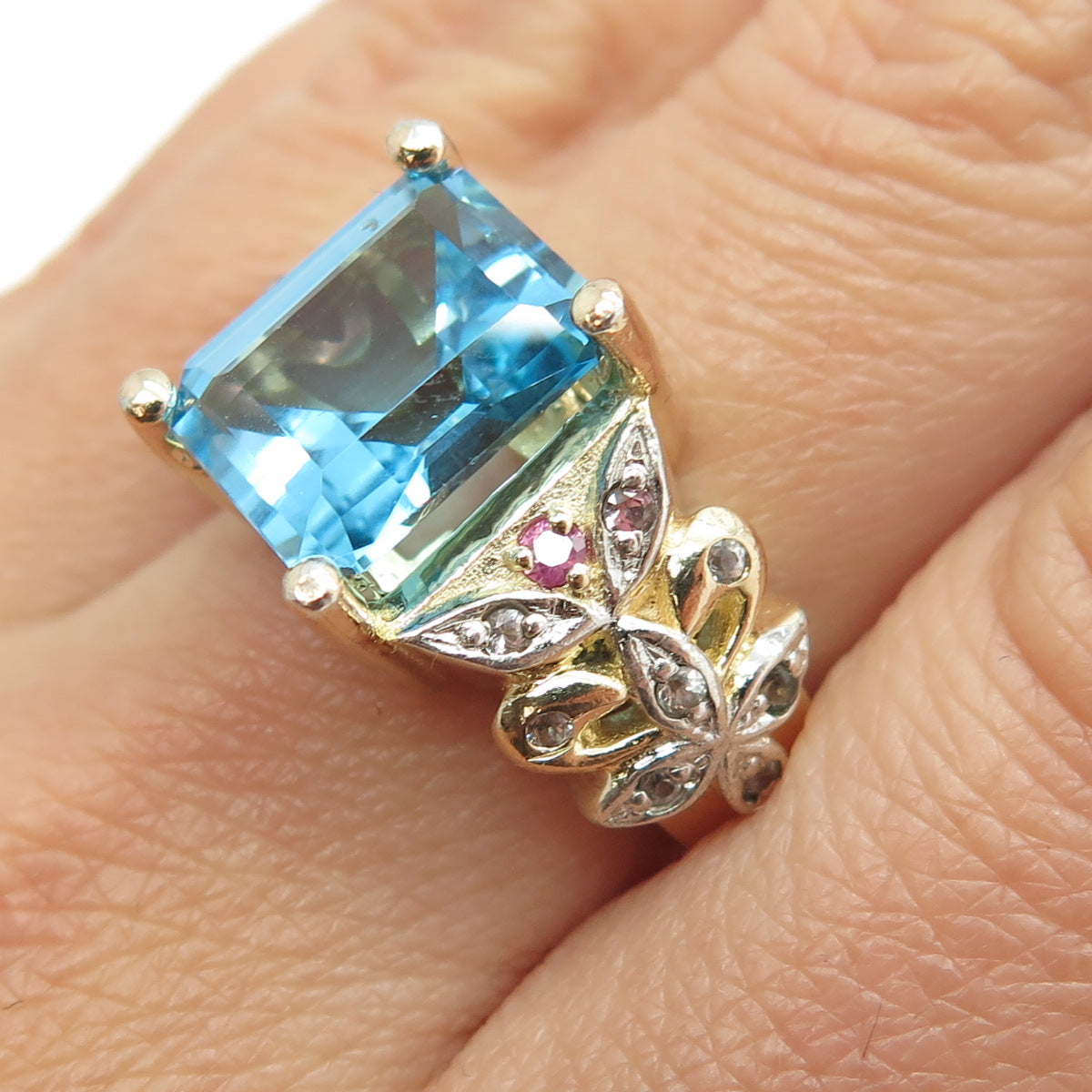 925 Sterling Silver 2-Tone Real Blue & White Topaz Ruby Floral Ring Size 8.25