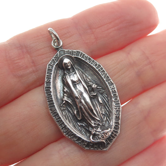 925 Sterling Silver Vintage St. Mary Miraculous Religious Oxidized Charm Pendant