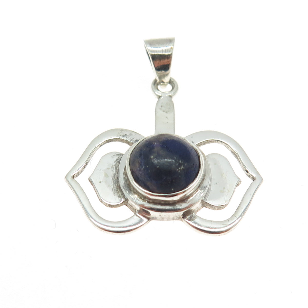 925 Sterling Silver Vintage Real Lapis Lazuli Modernist Floral Pendant