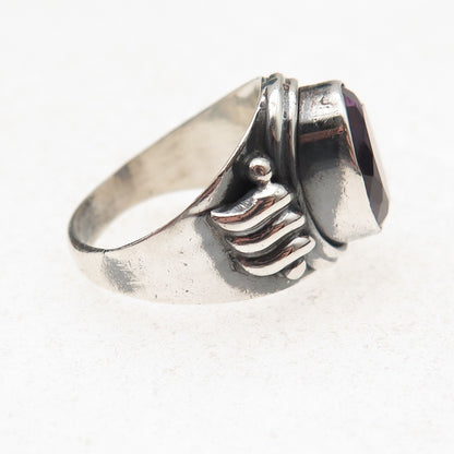 925 Sterling Silver Vintage Real Amethyst Modernist Oxidized Ring Size 7