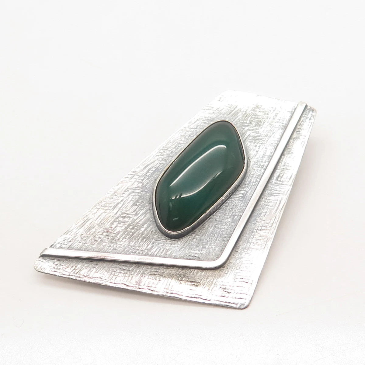 935 Silver Vintage Real Green Onyx Gemstone Textured Pin Brooch / Pendant