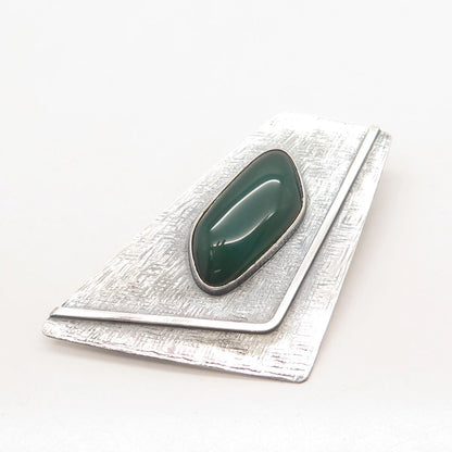 935 Silver Vintage Real Green Onyx Gemstone Textured Pin Brooch / Pendant
