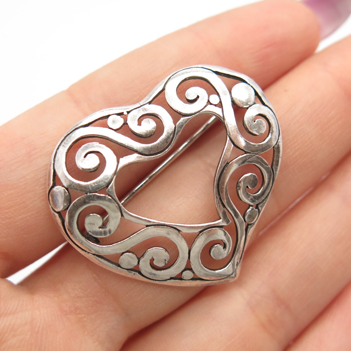 925 Sterling Silver Vintage Heart Ornate Pin Brooch