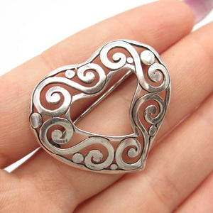 925 Sterling Silver Vintage Heart Ornate Pin Brooch