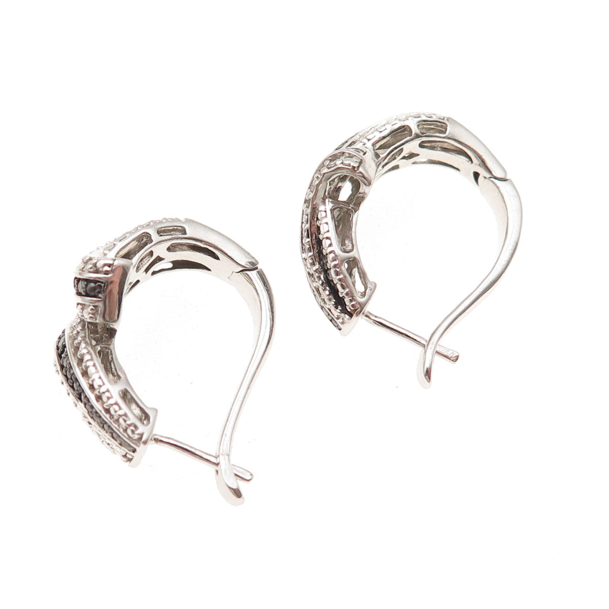 925 Sterling Silver Real Round-Cut Black & White Diamond Hoop Earrings