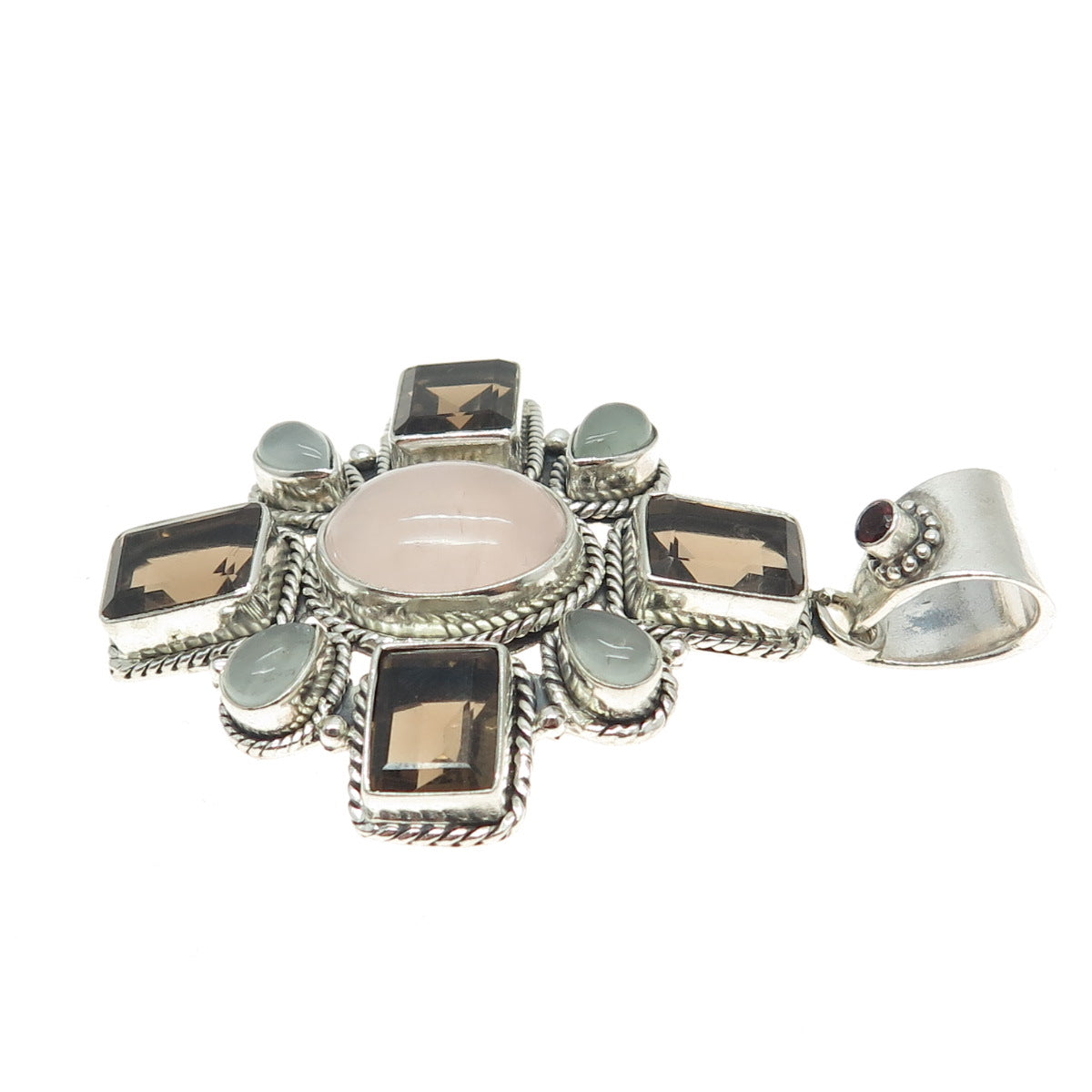 925 Sterling Silver Vintage Garnet Rose & Smoky Quartz Aquamarine Cross Pendant