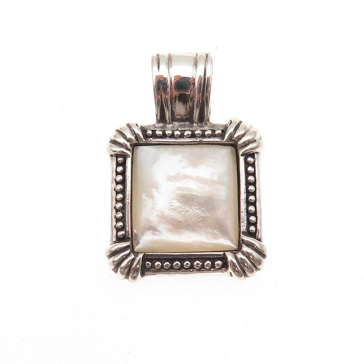925 Sterling Silver Vintage Real MOP Granulated Oxidized Charm Pendant