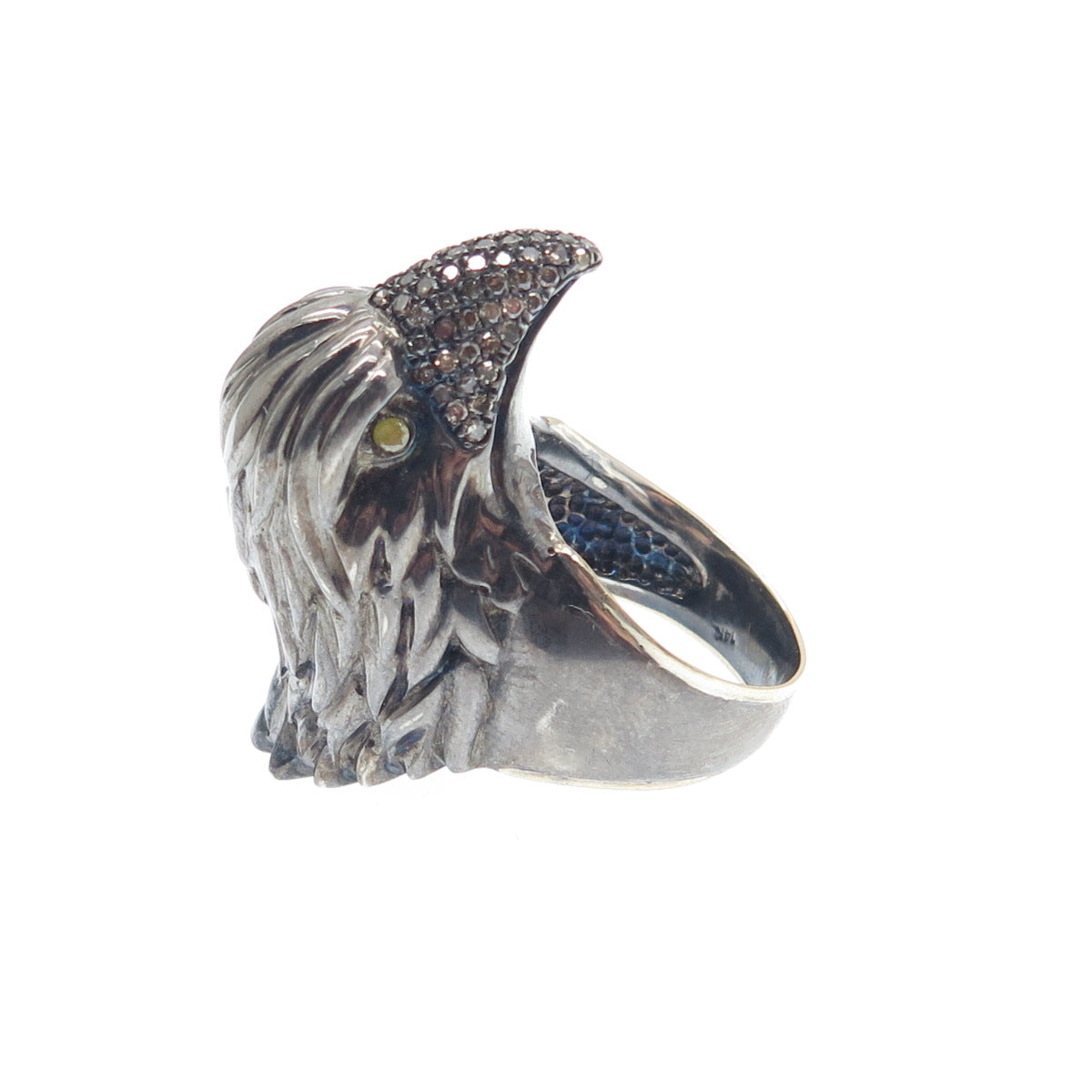 925 Sterling Silver Black Rhodium & 14K Gold Real Diamond Eagle Ring Size 7.5