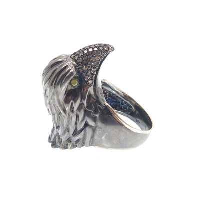 925 Sterling Silver Black Rhodium & 14K Gold Real Diamond Eagle Ring Size 7.5