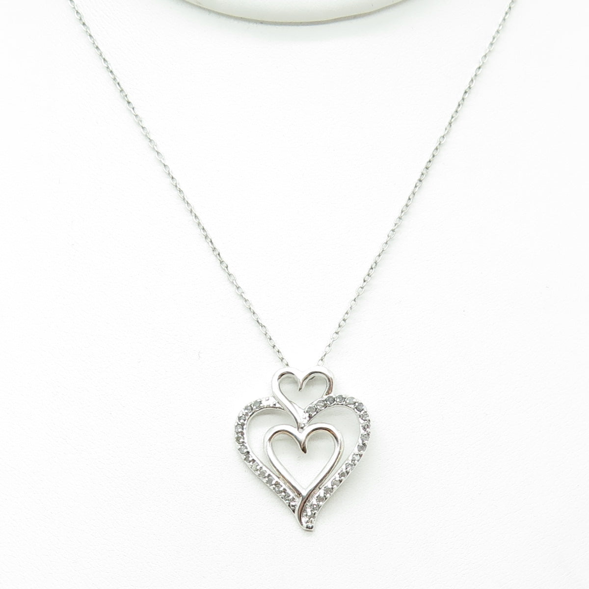 CHARLES WATSON Sterling Silver Real Round-Cut Diamond Heart Chain Necklace 18"