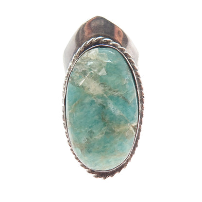 925 Sterling Silver Vintage Mexico Real Amazonite Adjustable Ring Size 8.75