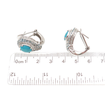 Chuck Clemency 925 Sterling Real Turquoise Blue White Topaz Omega Back Earrings