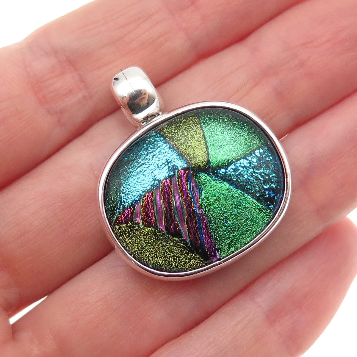 925 Sterling Silver Vintage CII Mexico Dichroic Glass Charm Pendant