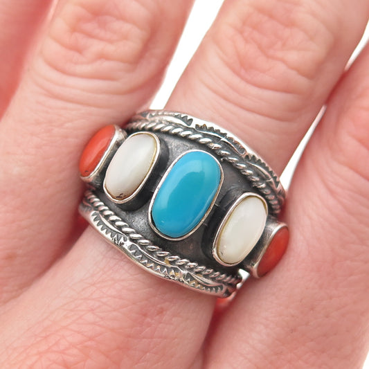 T. Cowboy Arts Old Pawn Sterling Vintage 1998 Turquoise Coral MOP Ring Size 9