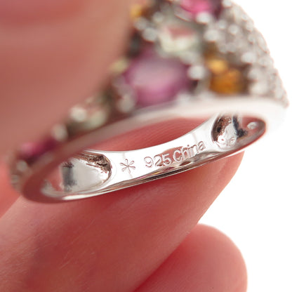 925 Sterling Silver Real Multi-Color Tourmaline & White Topaz Ring Size 7.25