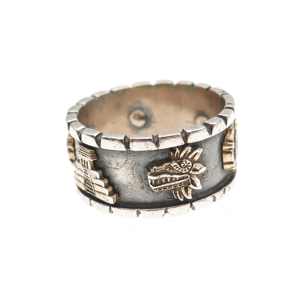 925 Sterling Silver 2-Tone Vintage Mayan Oxidized Band Ring Size 8.5