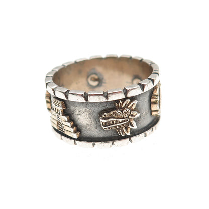 925 Sterling Silver 2-Tone Vintage Mayan Oxidized Band Ring Size 8.5