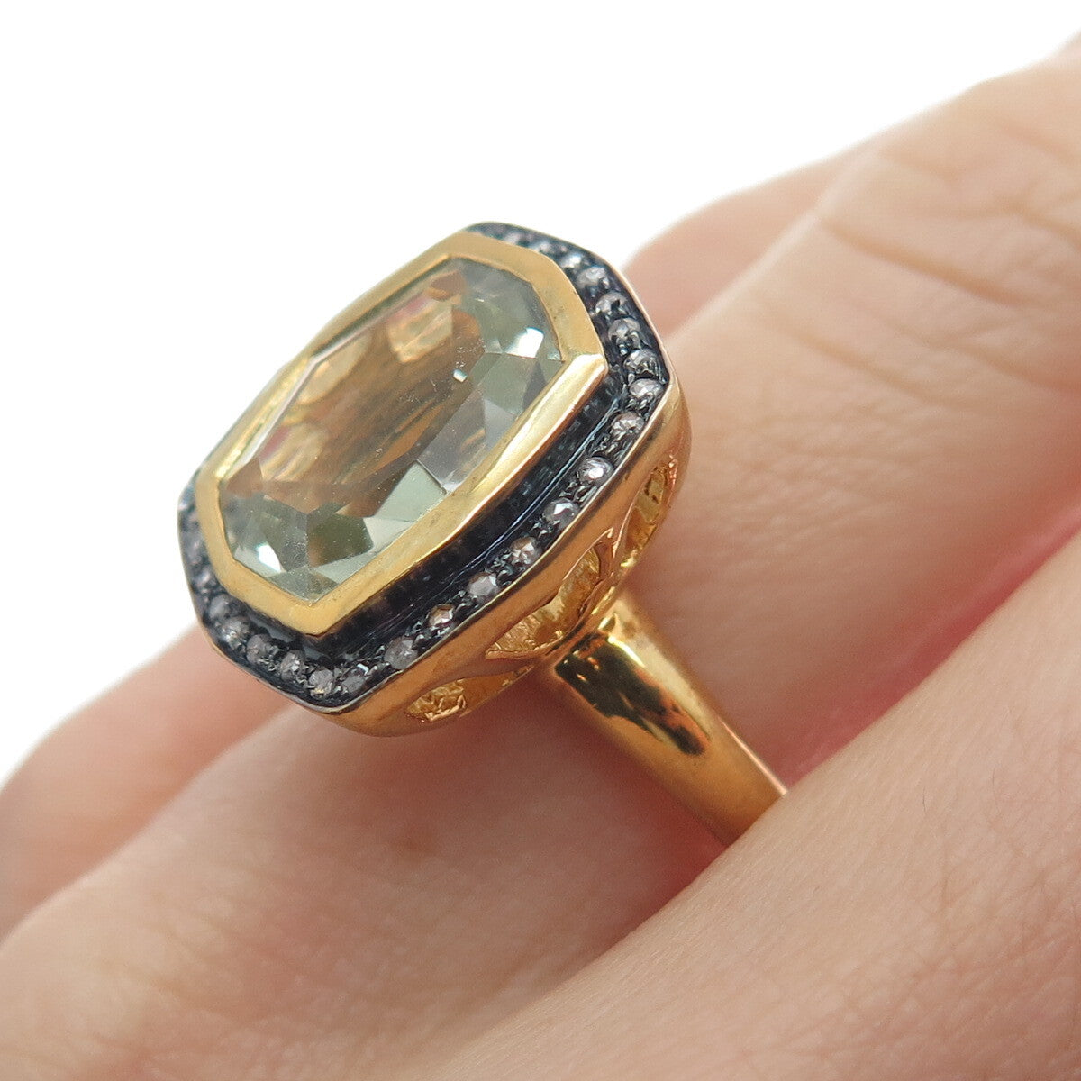 925 Sterling Silver Gold Plated Real Diamond & Green Amethyst Ring Size 6.75