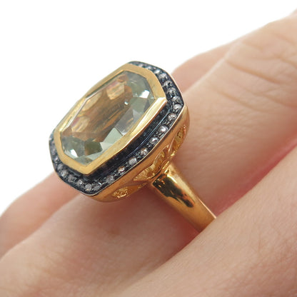 925 Sterling Silver Gold Plated Real Diamond & Green Amethyst Ring Size 6.75