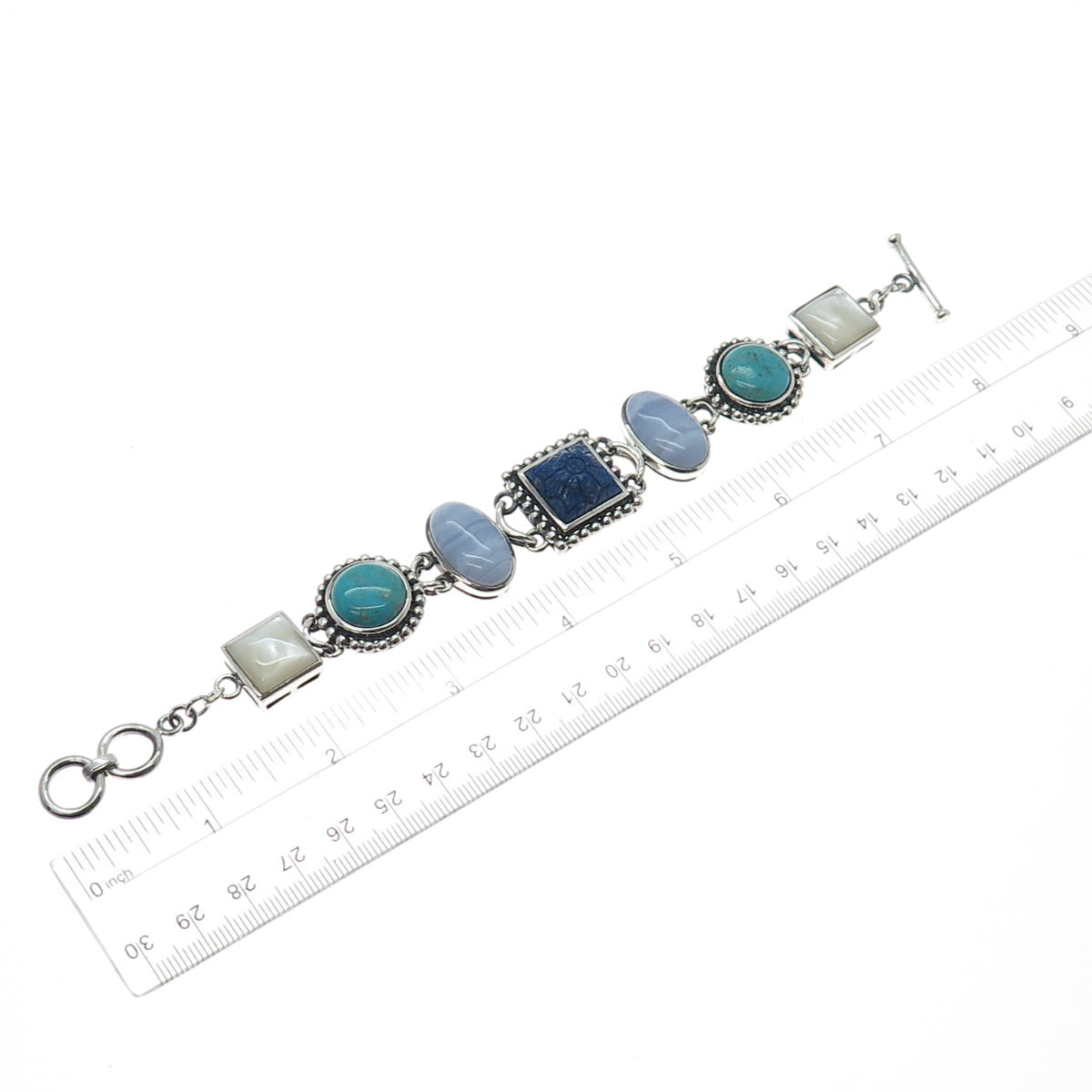 WHITNEY KELLY Sterling Silver Vintage Agate Turquoise Lapis MOP Bracelet 7-7.25"