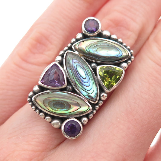Sajen Sterling Silver Vintage Real Abalone Shell Amethyst Peridot Ring Size 5.25