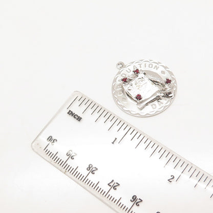 925 Sterling Silver Vintage Spencer Red Garnet Gem "Graduation Day" Pendant