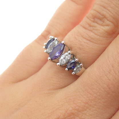 925 Sterling Silver Real Marquise-Cut Amethyst & C Z Ring Size 6