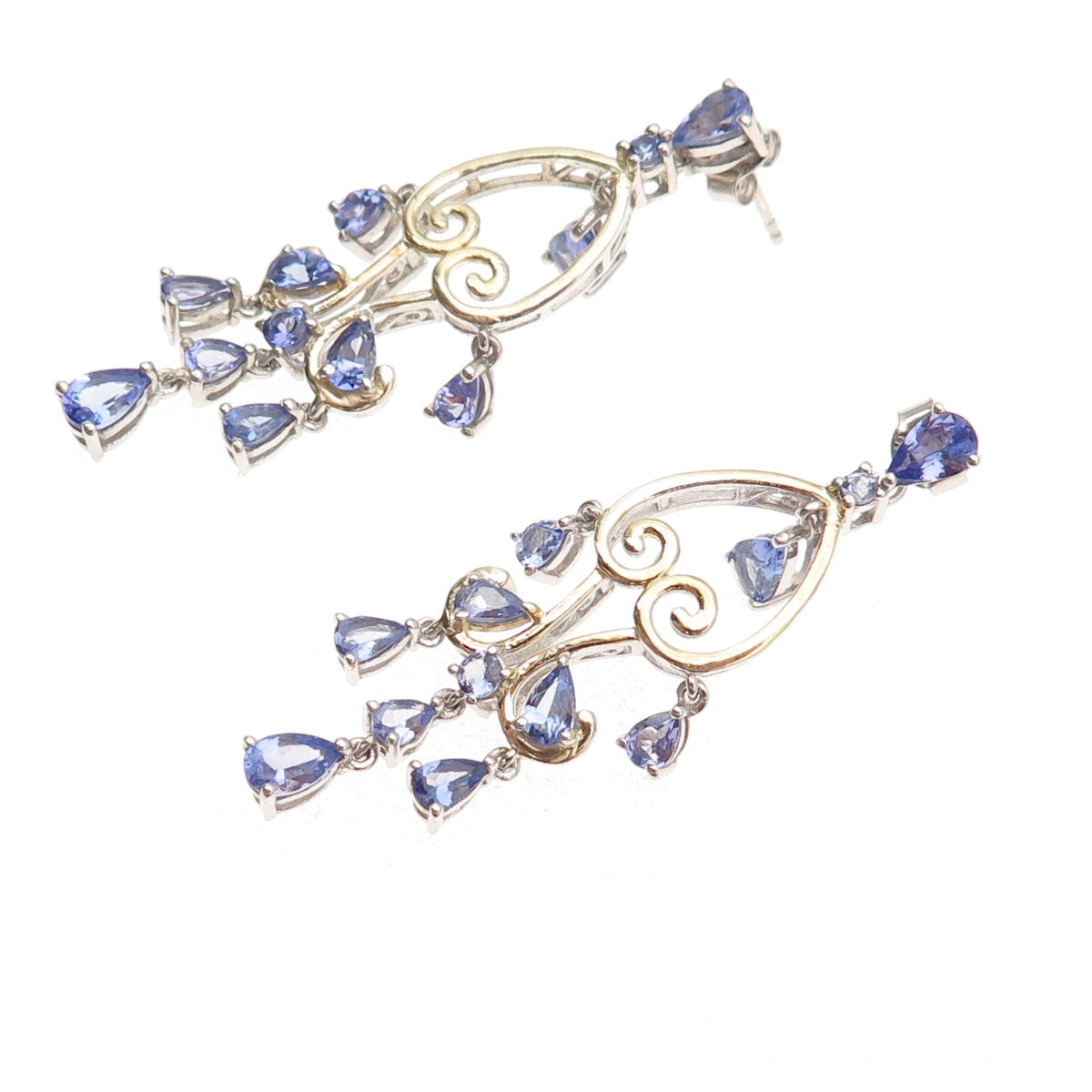 Chuck Clemency 925 Sterling Silver 2-Tone Real Tanzanite Heart Dangle Earrings