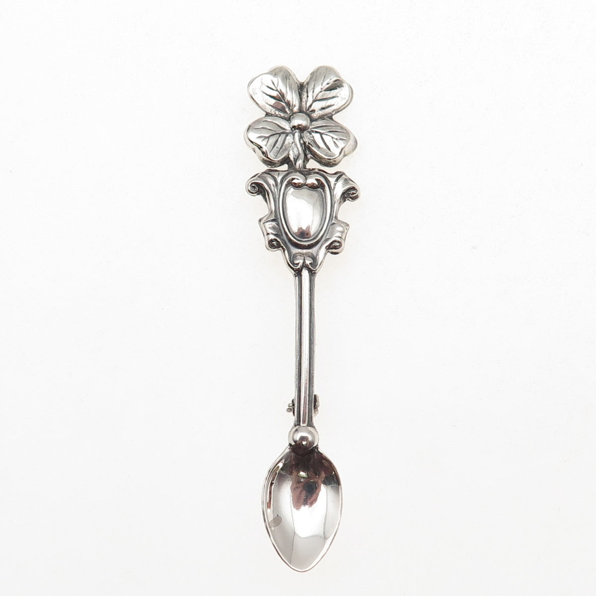 925 Sterling Silver Antique Art Deco Clover Salt & Spices Spoon Pin Brooch