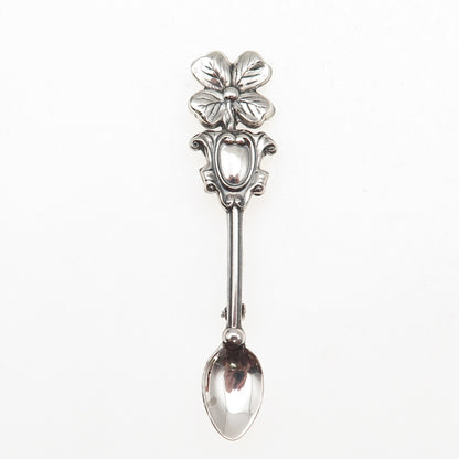 925 Sterling Silver Antique Art Deco Clover Salt & Spices Spoon Pin Brooch