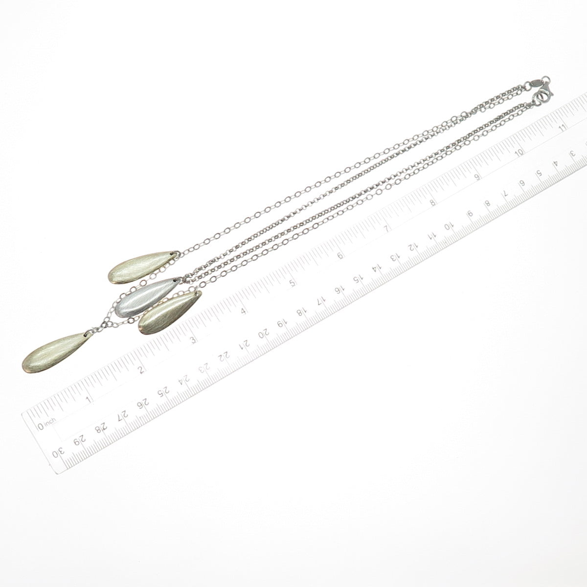 925 Sterling Silver 2-Tone Vintage Modernist Teardrop Double Chain Necklace 16"