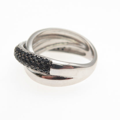 925 Sterling Silver Real Round-Cut Black Spinel Crossover Ring Size 6.25