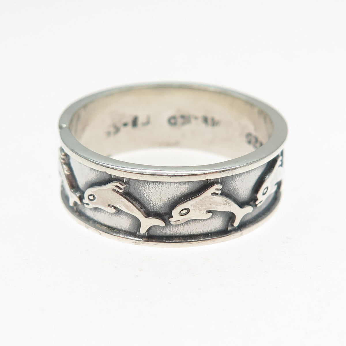 925 Sterling Silver Vintage Mexico Dolphin Oxidized Band Ring Size 10.5
