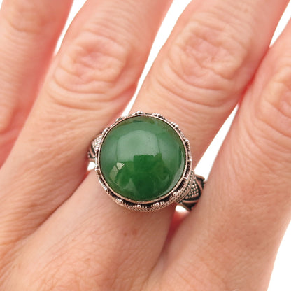 Suarti Bali Sterling Silver Vintage Real Jade Granulated Oxidized Ring Size 7.25