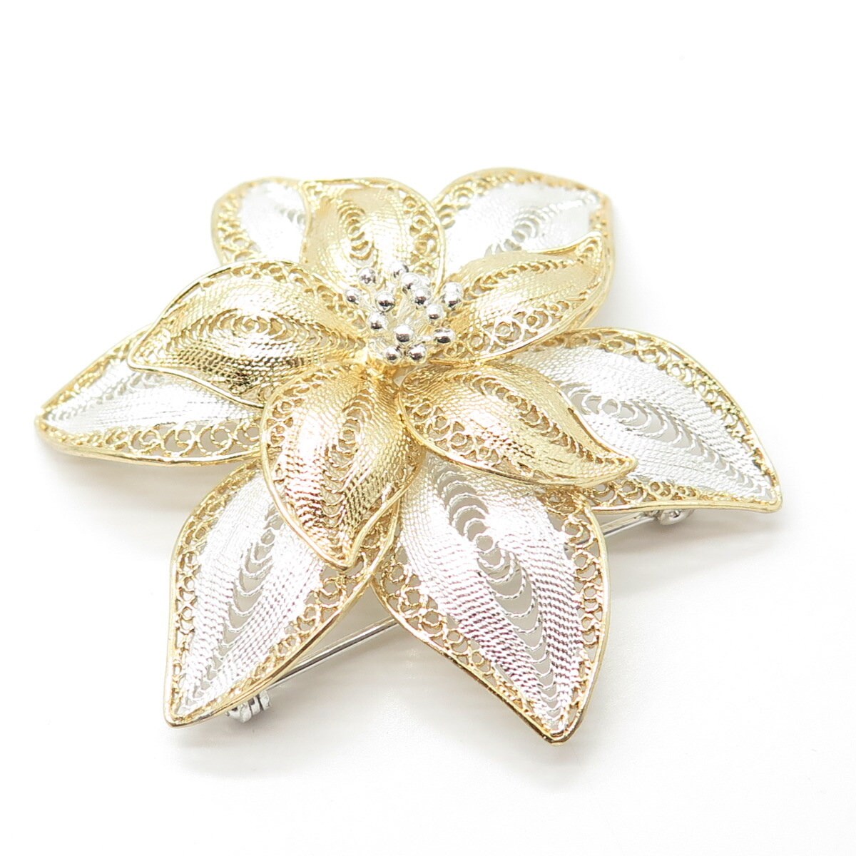 925 Sterling Silver 2-Tone Vintage Filigree Floral Pin Brooch